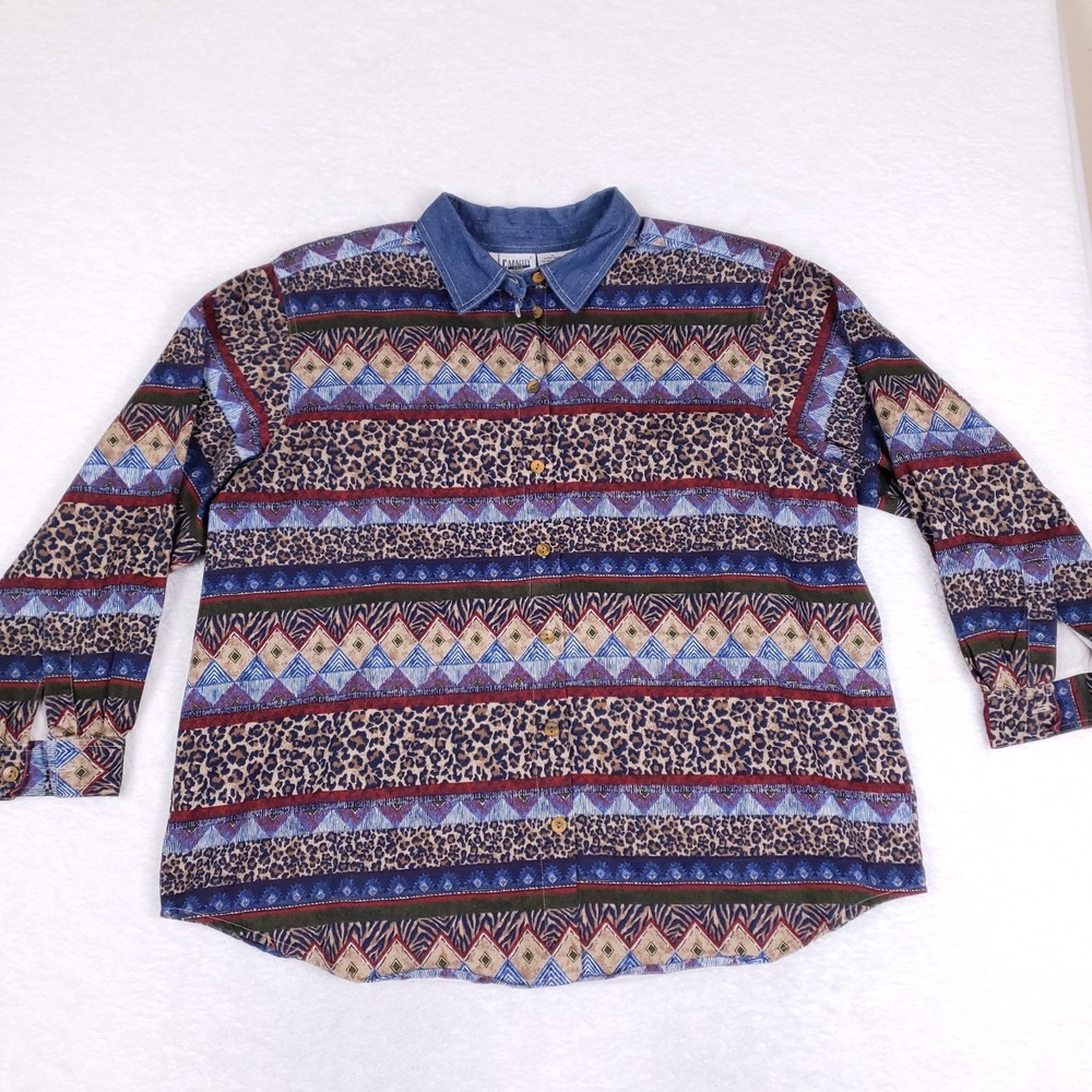 Capacity Woman Aztec Print Shirt Size 2X Denim Collar Retro Western Style